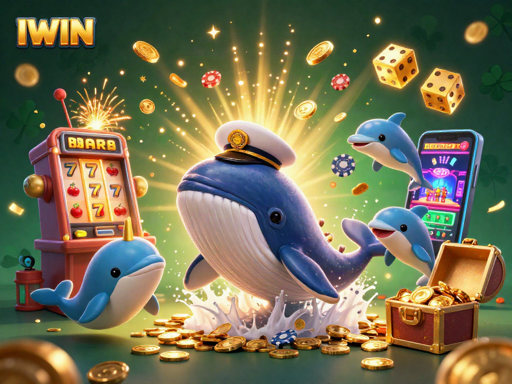 IWIN enhances your gaming experience with a colorful 3D scene showcasing a whale, narwhal, and dolphins celebrating wins.
