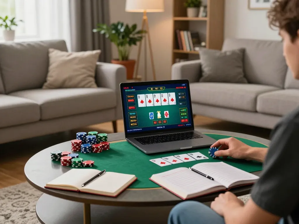 Engaging in online poker strategy while enjoying vipwin gaming at home with a cozy atmosphere.