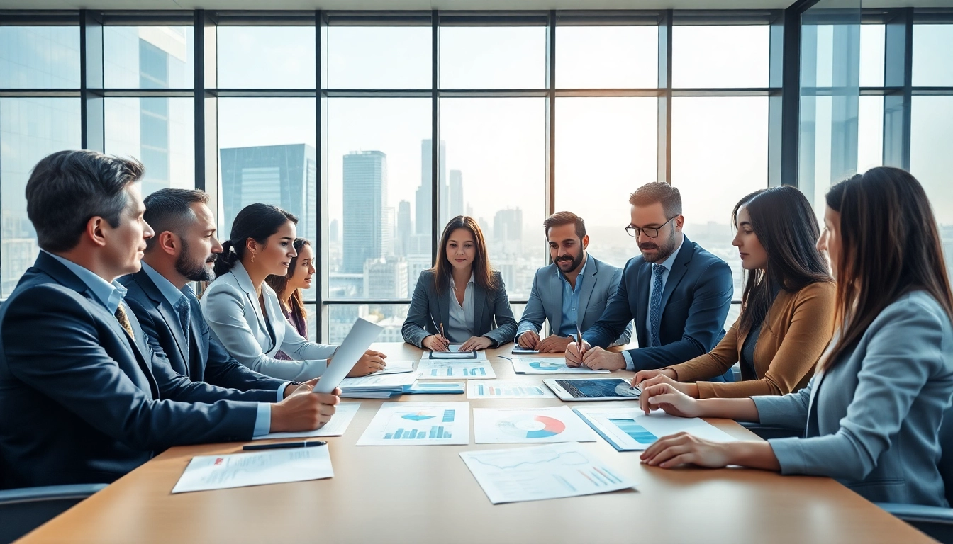 Engaged professionals discussing Federal and State contracts in a modern office.