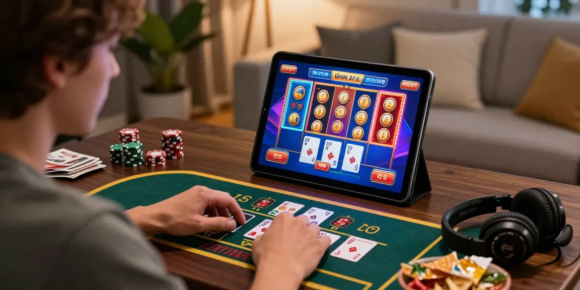 Engaged player enjoying rokok88 online gaming experience with tablet, vibrant atmosphere, and gaming accessories.