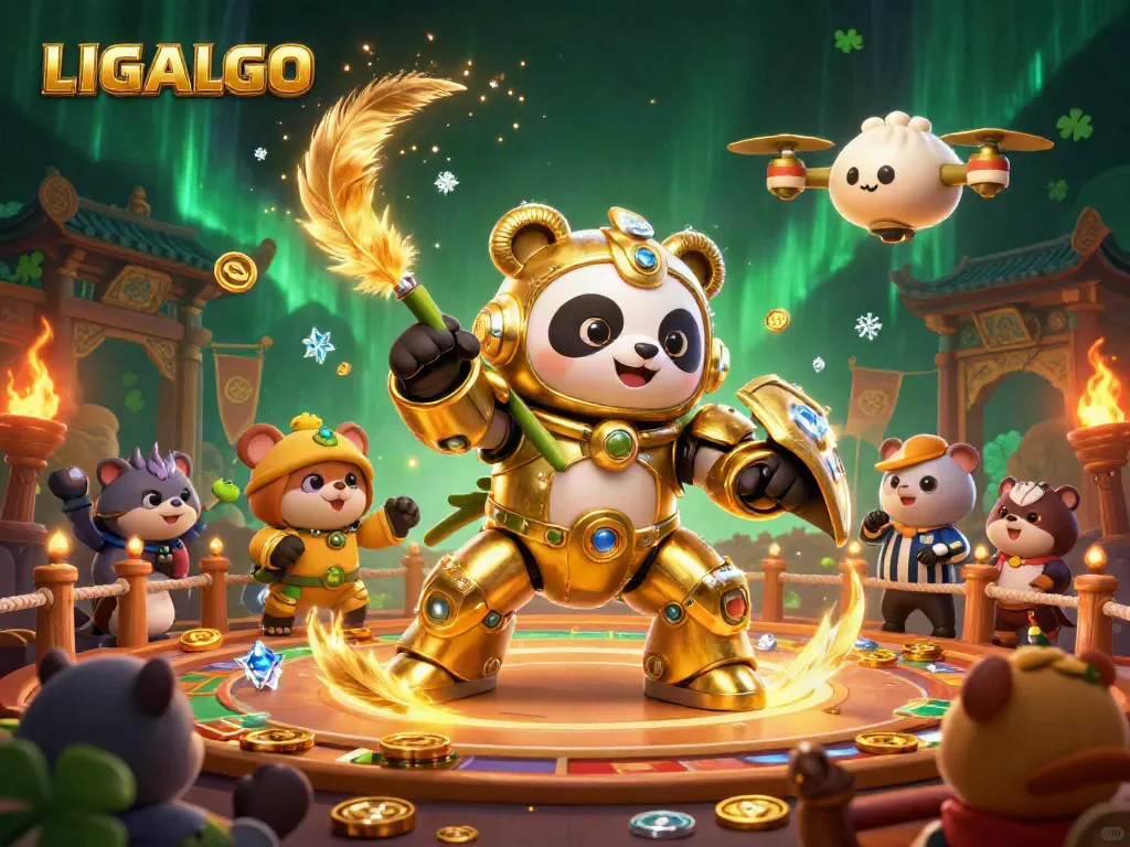 LIGALGO’s exhilarating casino scene depicting a mech-suit panda battling with vibrant game elements.