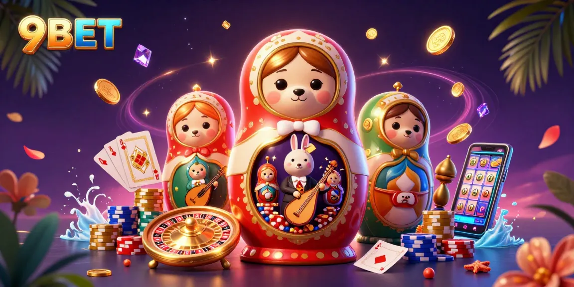 Experience thrilling gambling action with 9BET in this vibrant 3D illustration featuring casino elements.