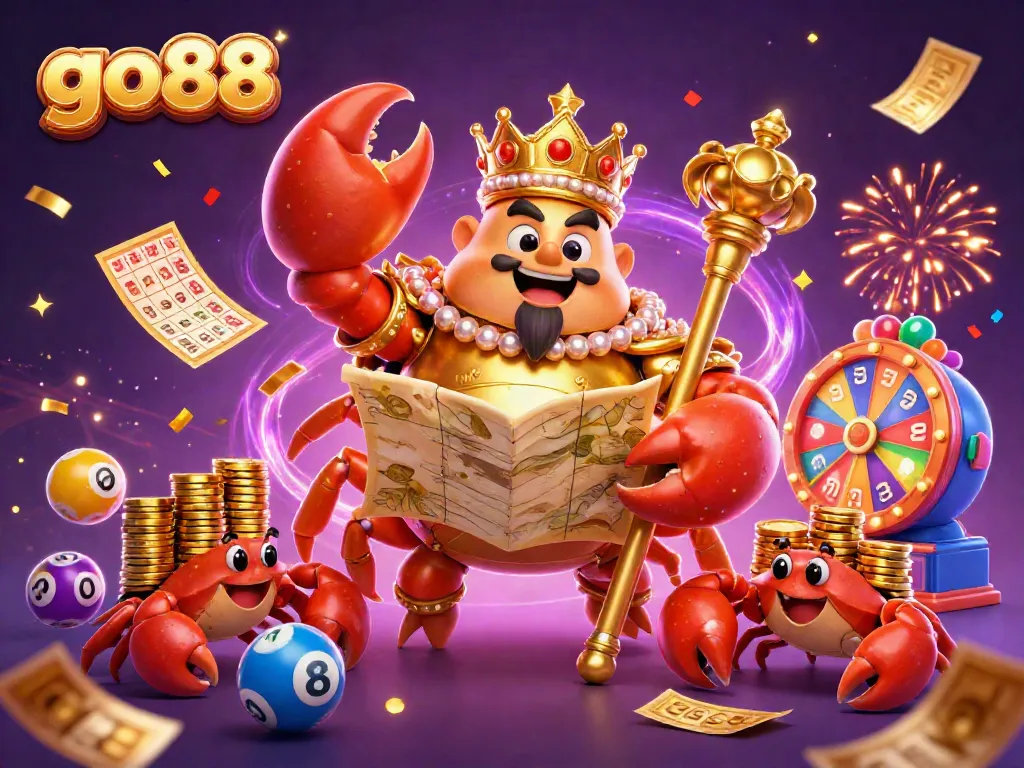 Experience exciting gameplay at go88 with a vibrant golden crab emperor amid festive lottery elements and prizes.