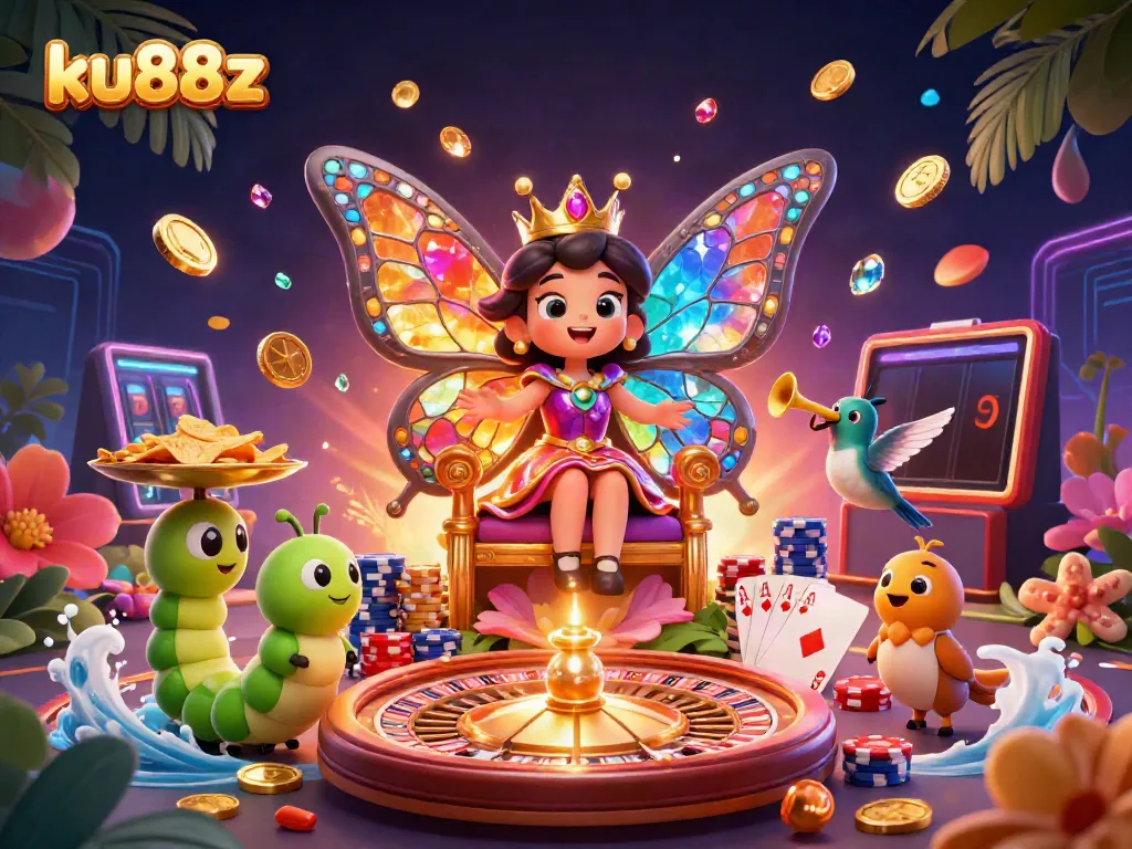 Experience thrilling gameplay with ku88z in this vibrant online casino scene featuring a butterfly queen and dazzling game elements.