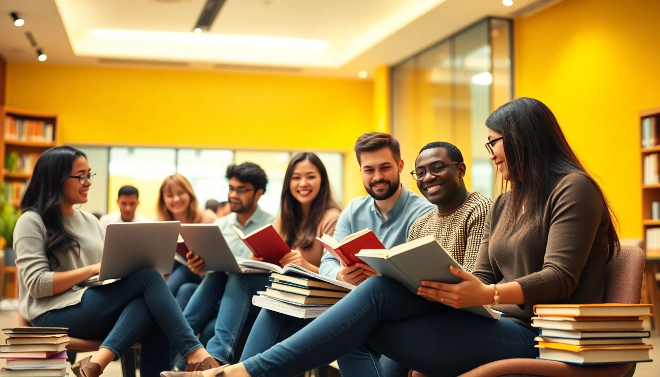 Group of TOEFL test takers for hire collaborating in a bright study space