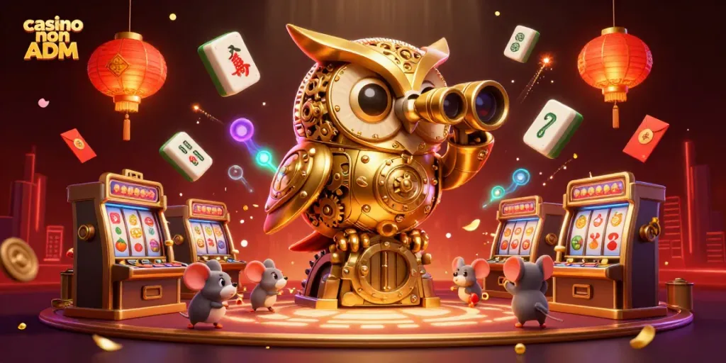 Cattura l'attenzione ai casinò non ADM con un gufo dorato meccanico che scruta un'affollata sala giochi.