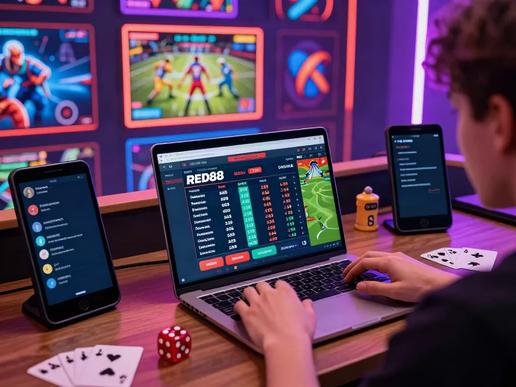 Engaged player at RED88.com with live betting interface and gaming elements