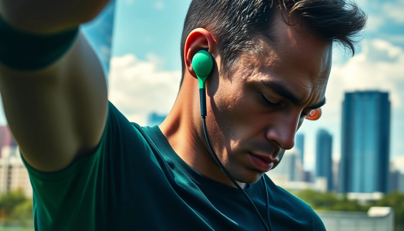 Engaged athlete wearing Shokz headphones during a workout against a city backdrop.