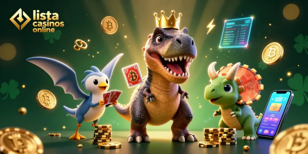 Ilustración 3D de un T-Rex jugando cartas en la lista casinos online mientras un pterodáctilo asiste.