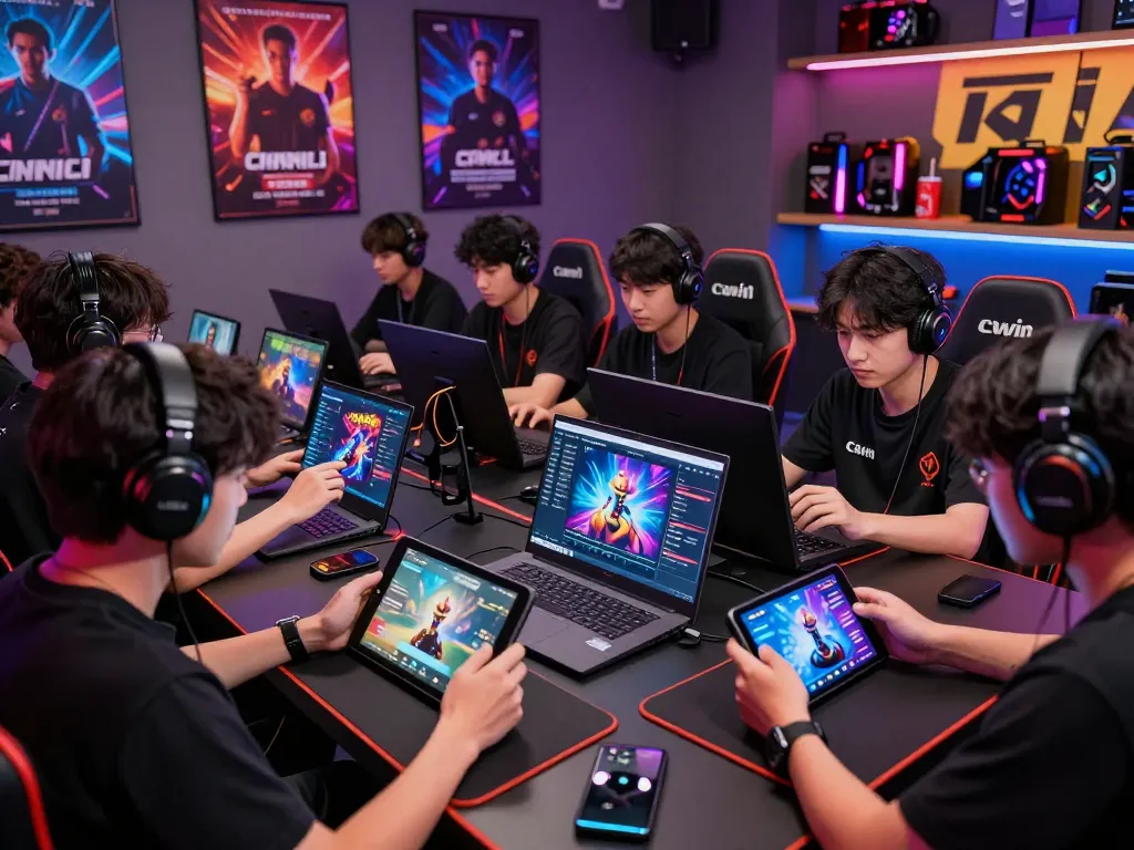 Players engaged in the vibrant cổng game cwin interface, surrounded by gaming gear and motivational decor.