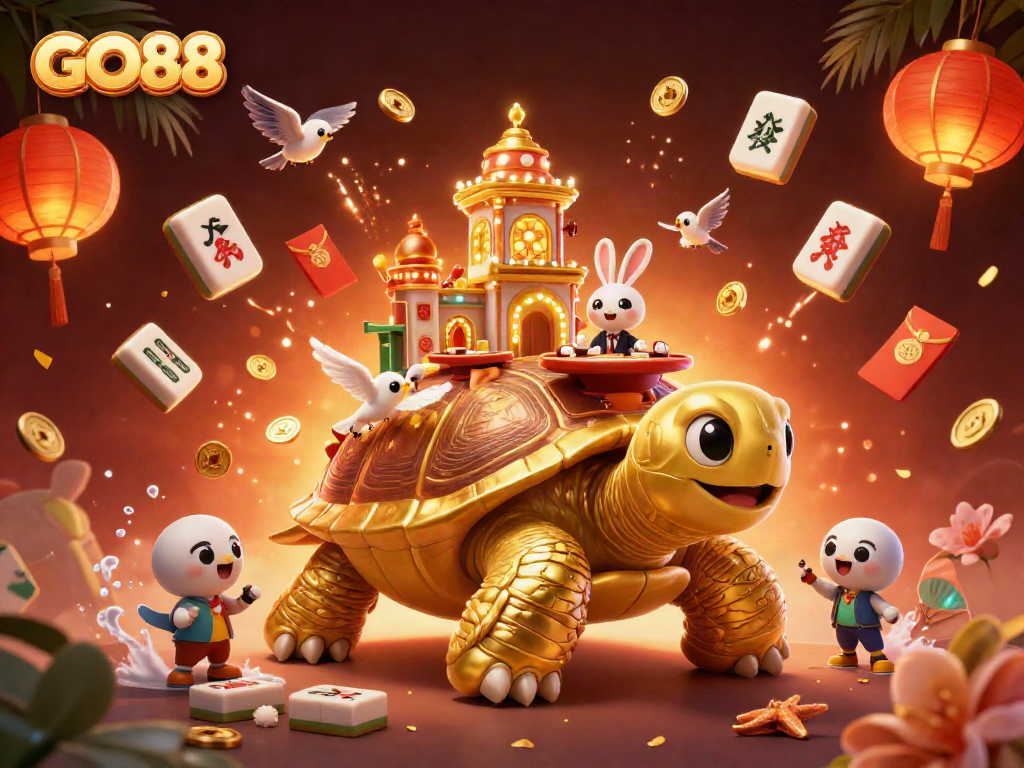 Win big with GO88's vibrant casino scene featuring a golden tortoise and exciting gaming elements.