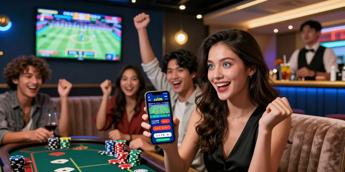 LUCK8 app celebration at an exciting casino-themed lounge with friends.