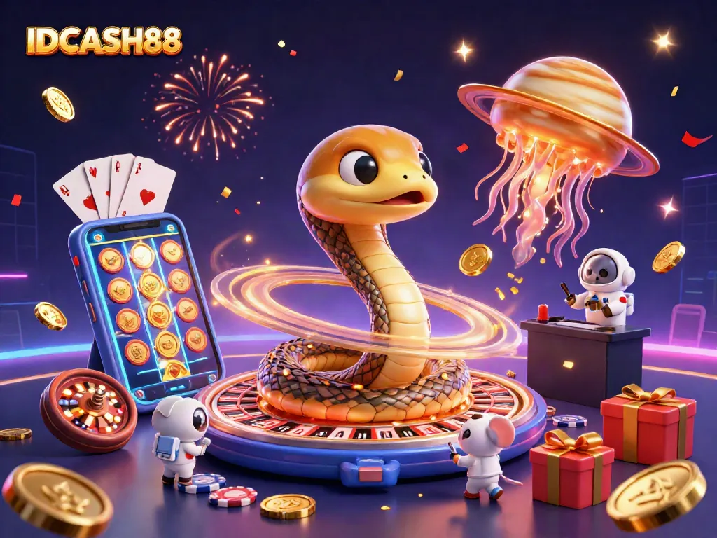 Engage in thrilling bets at IDCASH88 with a unique cosmic casino scene featuring vibrant characters and dynamic elements.