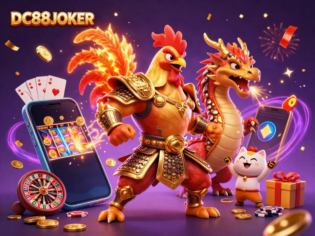 Experience the excitement of DC88JOKER with a dynamic casino battle scene featuring colorful slot games and festive elements.