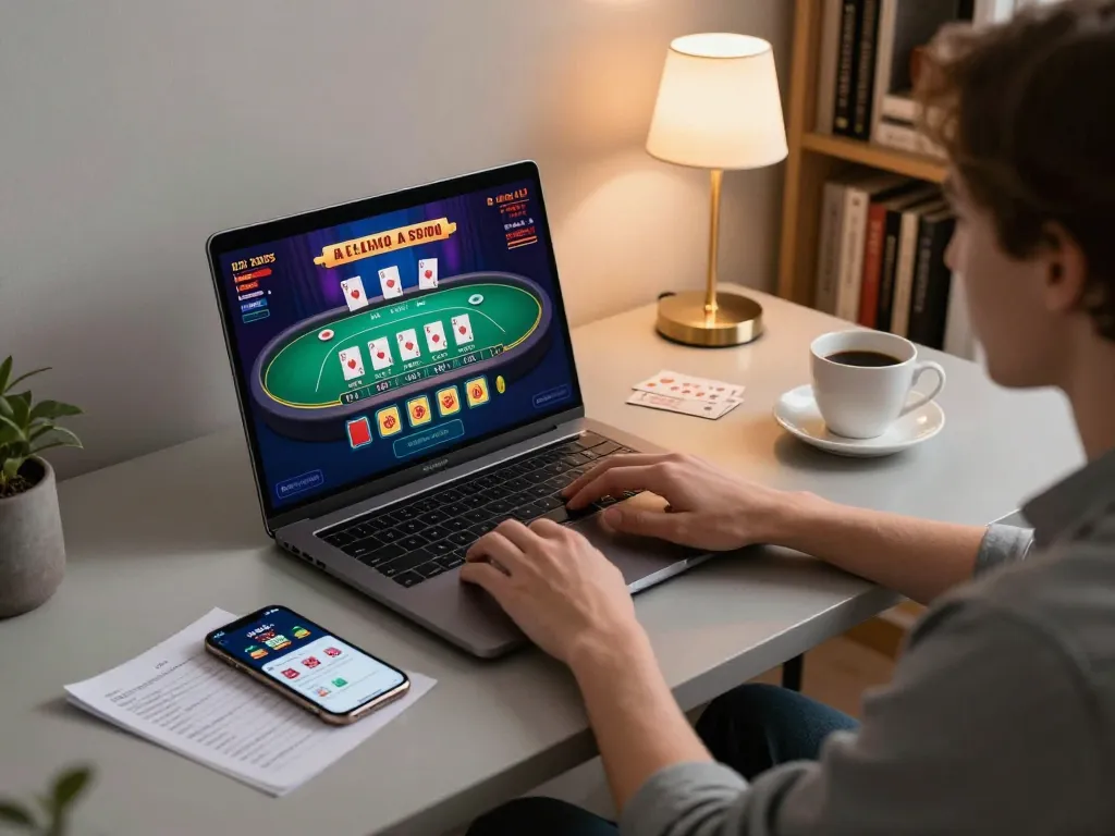 Engaging in a live dealer game on god55 casino with a cozy home setup featuring a laptop and smartphone.