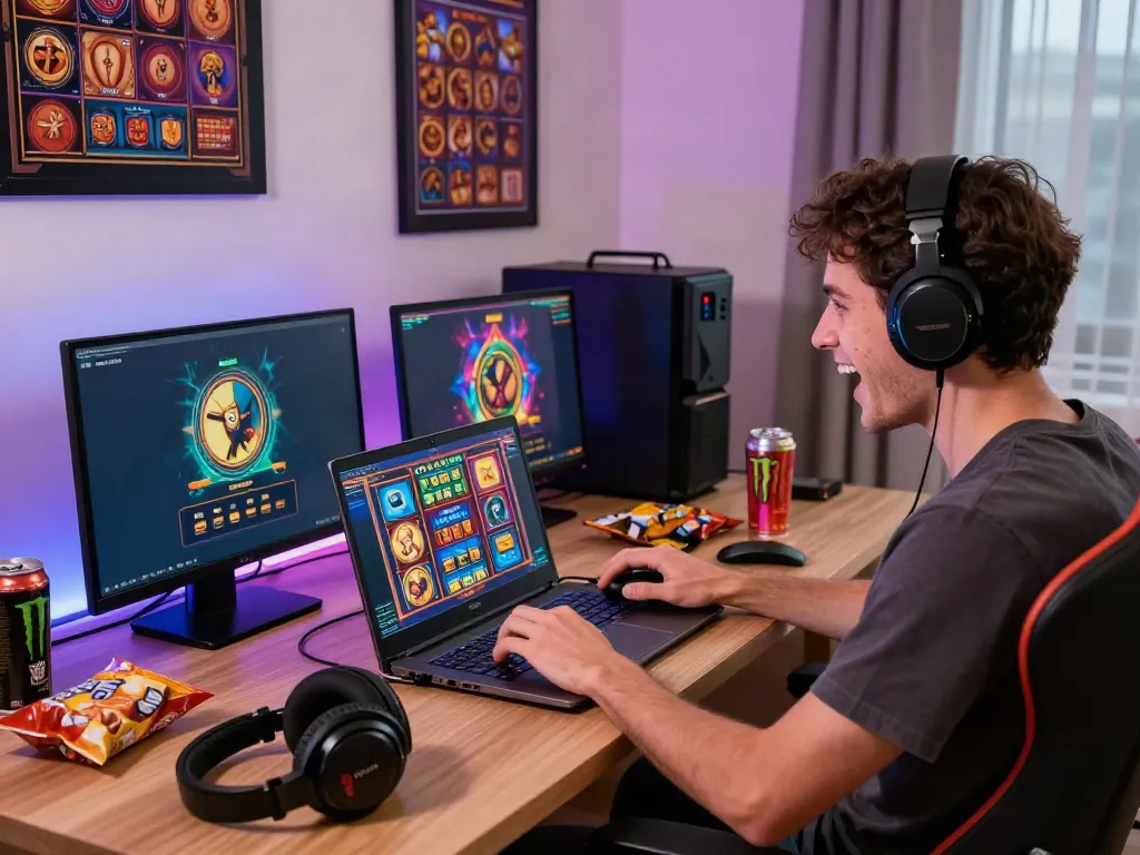 Exciting gaming moment at home with da88 slot games on laptop.