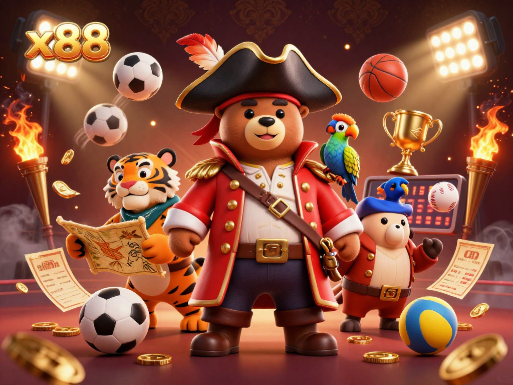 x88 showcases an engaging pirate-themed scene featuring the bear captain, tiger, and parrot among dynamic gambling elements.