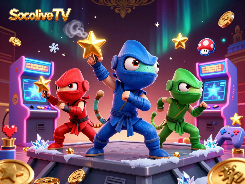 Socolive TV brings a dynamic scene of chameleon ninjas amid colorful casino games for exciting gameplay.