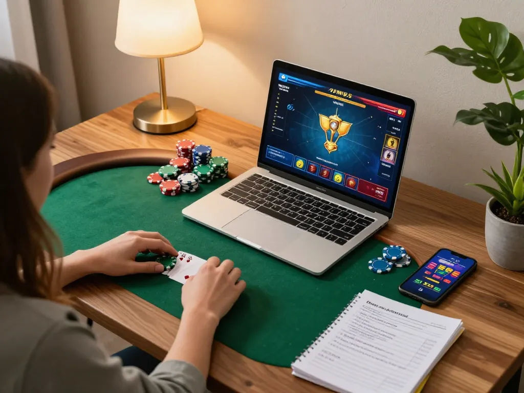 77WIN player strategizing in a cozy home setup during an online poker session.
