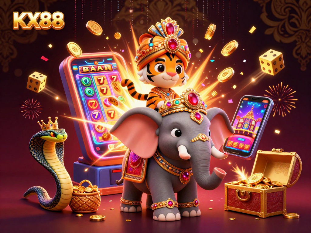 KX88 players experiencing excitement with a maharaja and an elephant in a vibrant casino scene.