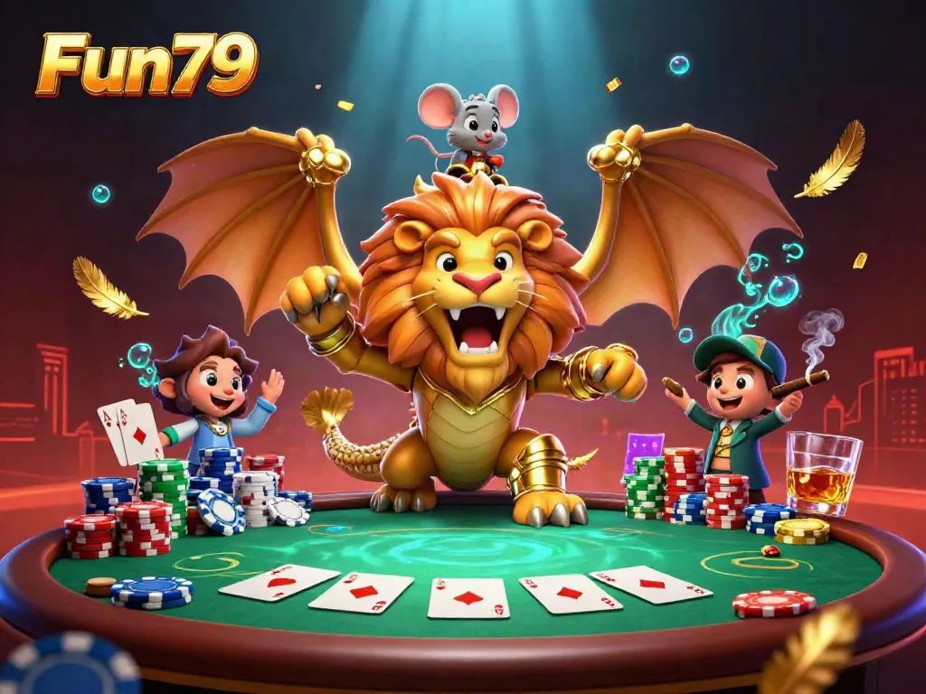Experience Fun79 with a vibrant 3D illustration of a chimera and casino elements, perfect for online gaming.