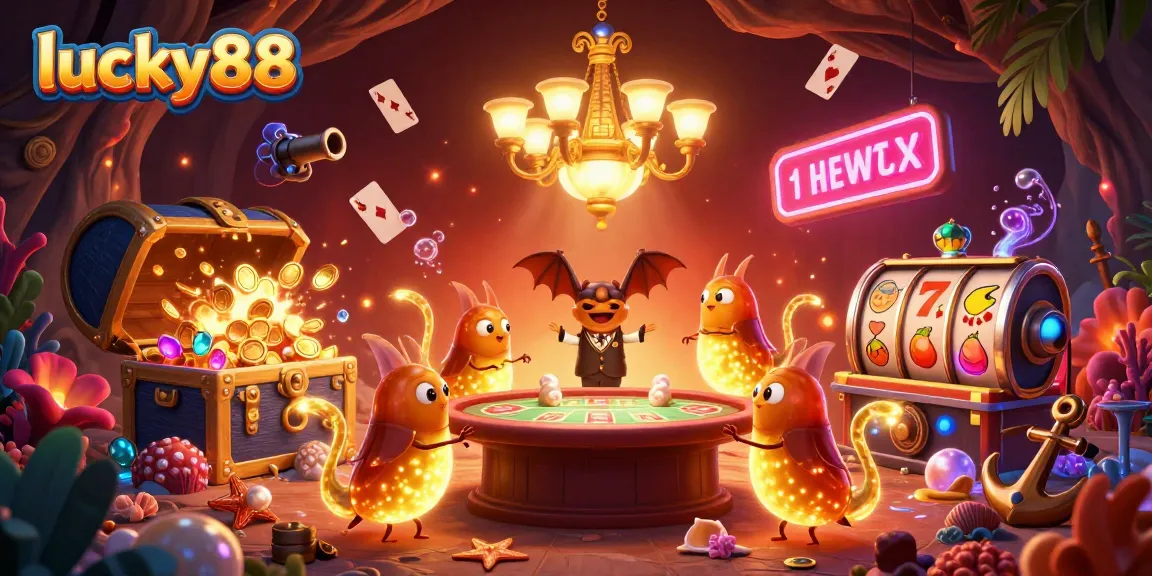 Play lucky88 with a vibrant scene featuring glowworms and slot game elements illuminating a cave casino.