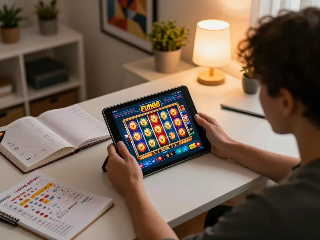 Engaging in fun88 casino gaming on a tablet in a cozy home atmosphere.