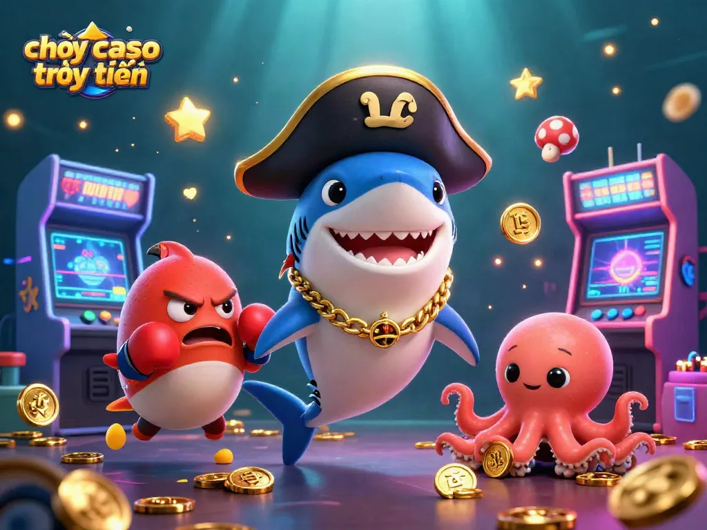 Chơi casino trực tuyến với hình ảnh vui nhộn của cá mập cướp biển và các game hấp dẫn.
