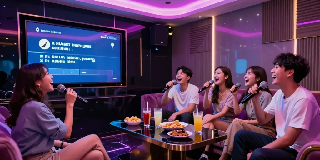 강남 달토 프리미엄 가라오케 룸에서 친구들이 함께 노래하고 즐거운 시간을 보내는 모습