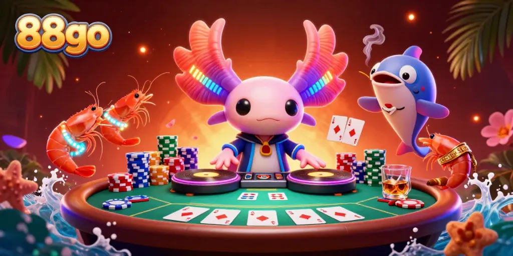 Experience the vibrant 88go casino scene with a neon axolotl DJ and dynamic poker elements.