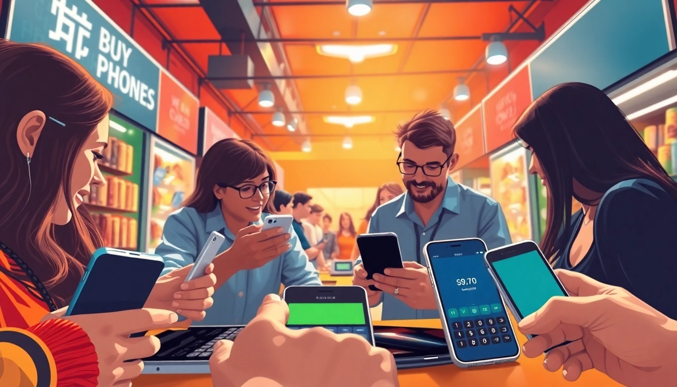 Engaging scene depicting We Buy Old Phones transactions in a vibrant marketplace.