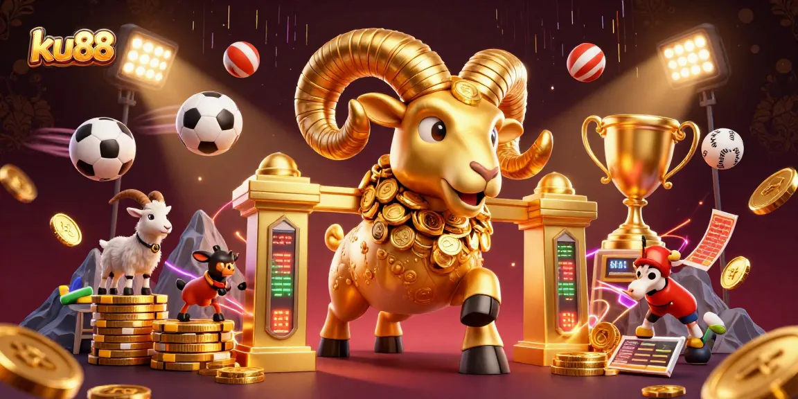 ku88 showcases a thrilling casino scene with dynamic sports elements and a golden ram symbolizing luck.