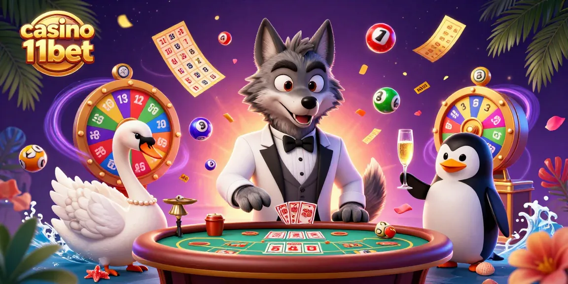 Experience dynamic excitement at casino 11bet with a vibrant scene featuring card dealers and casino elements.