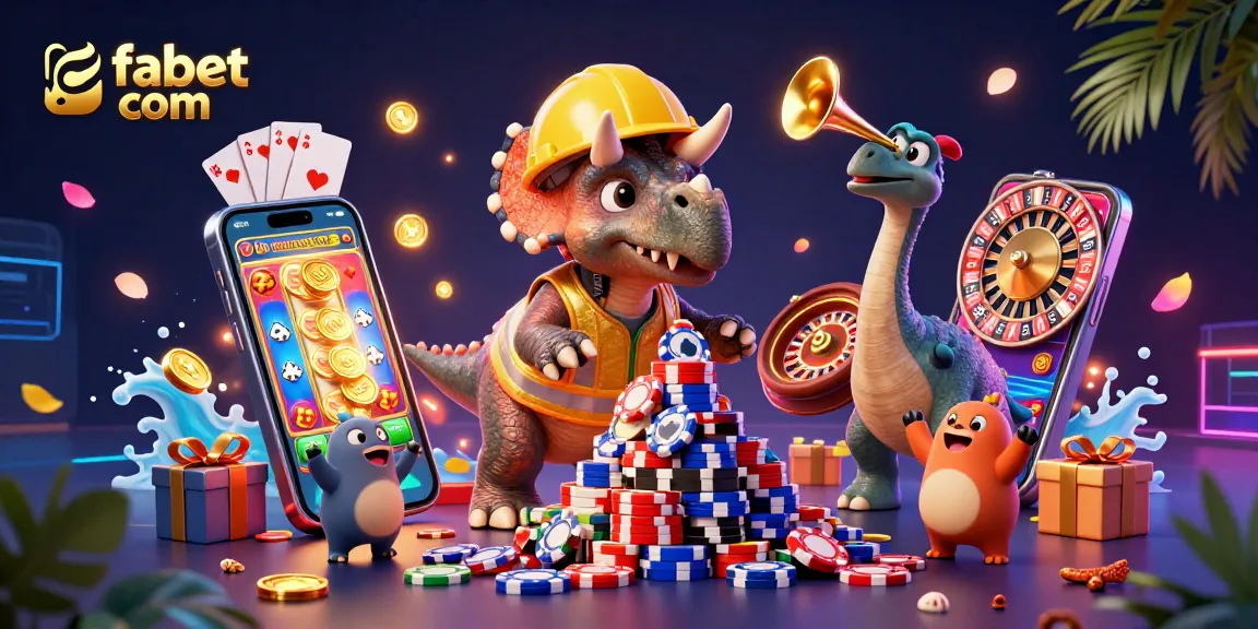 Fabet com celebrates with a triceratops and friends in an energetic casino scene packed with games.