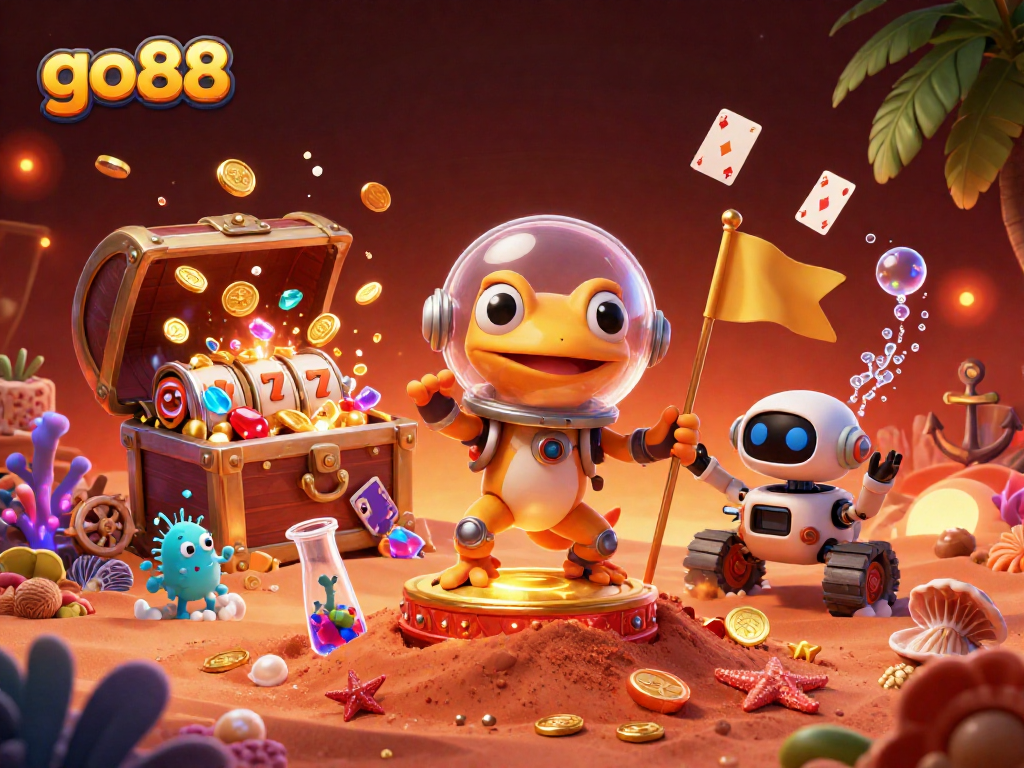 Trò chơi Slot tại go88 với hình ảnh gecko ngoài hành tinh khám phá casino vàng.