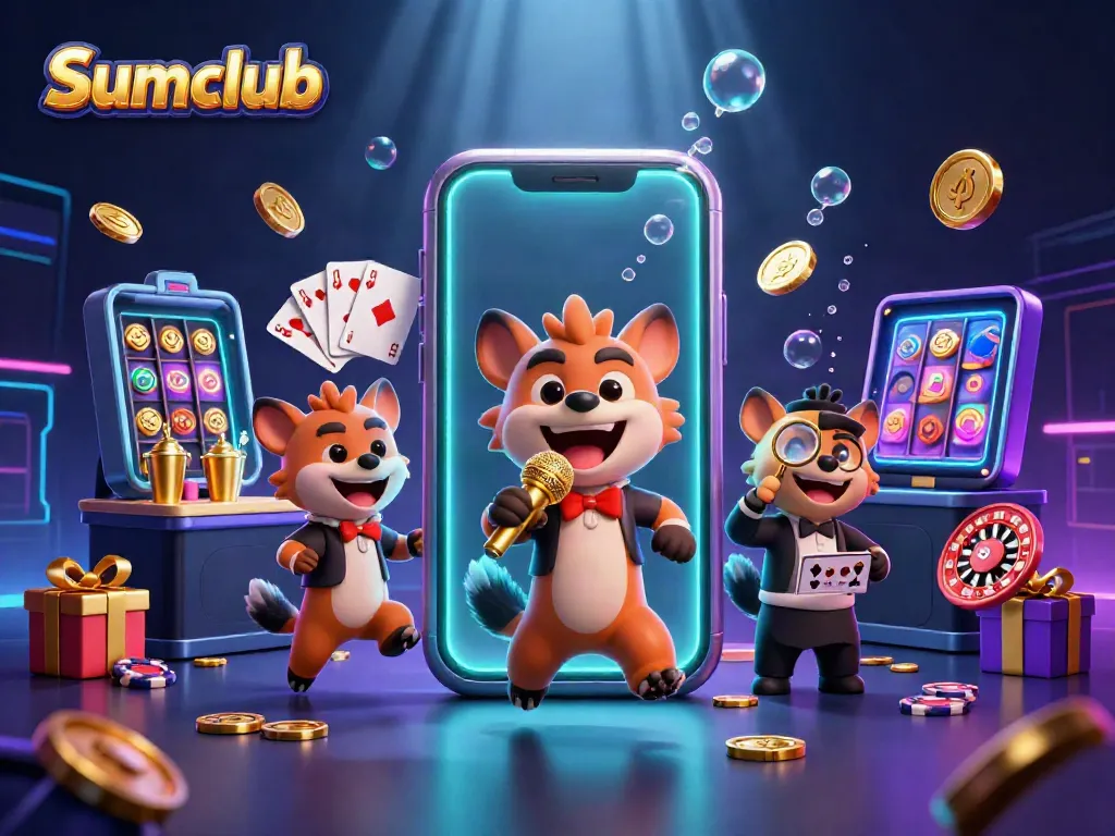 Sumclub comedy casino illustration featuring hyenas, slot games, and vibrant casino elements.