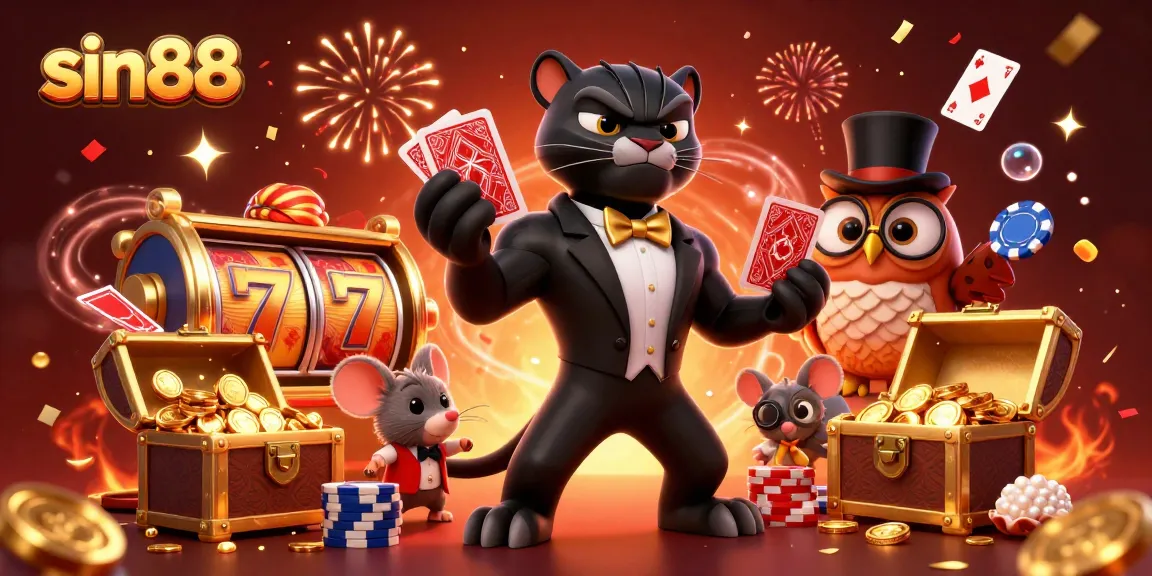 Experience the excitement of sin88 with a playful 3D illustration of casino characters and dynamic game elements.