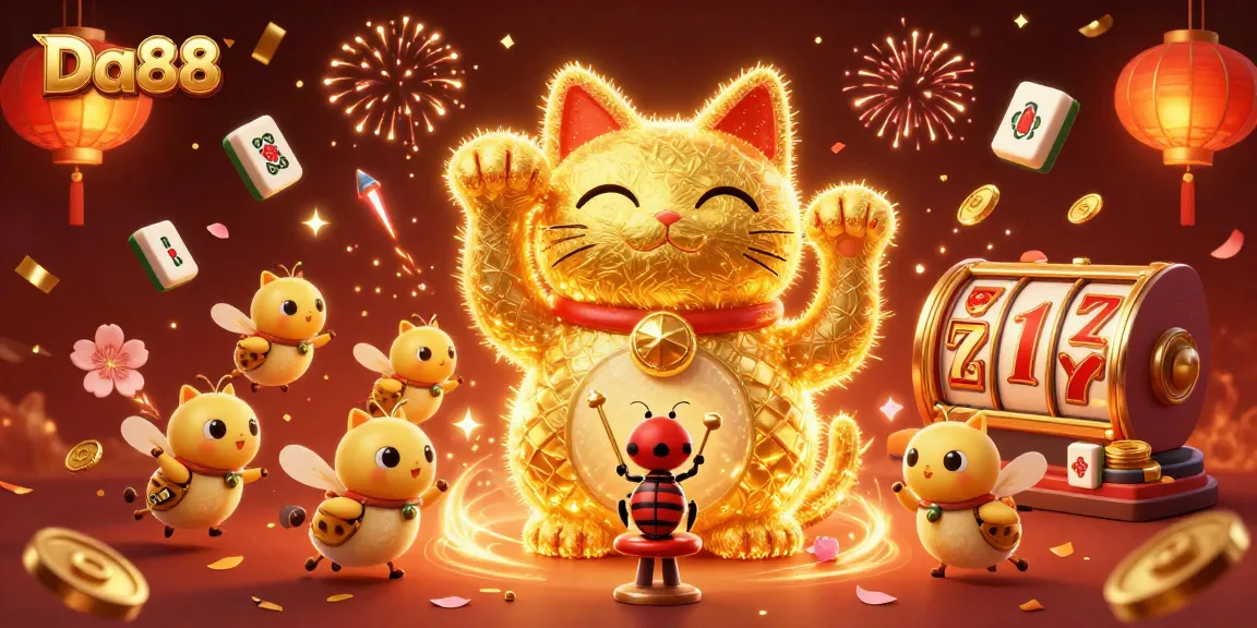 Experience the excitement of Da88 with a vibrant casino-themed illustration featuring a lucky cat and dynamic symbols.