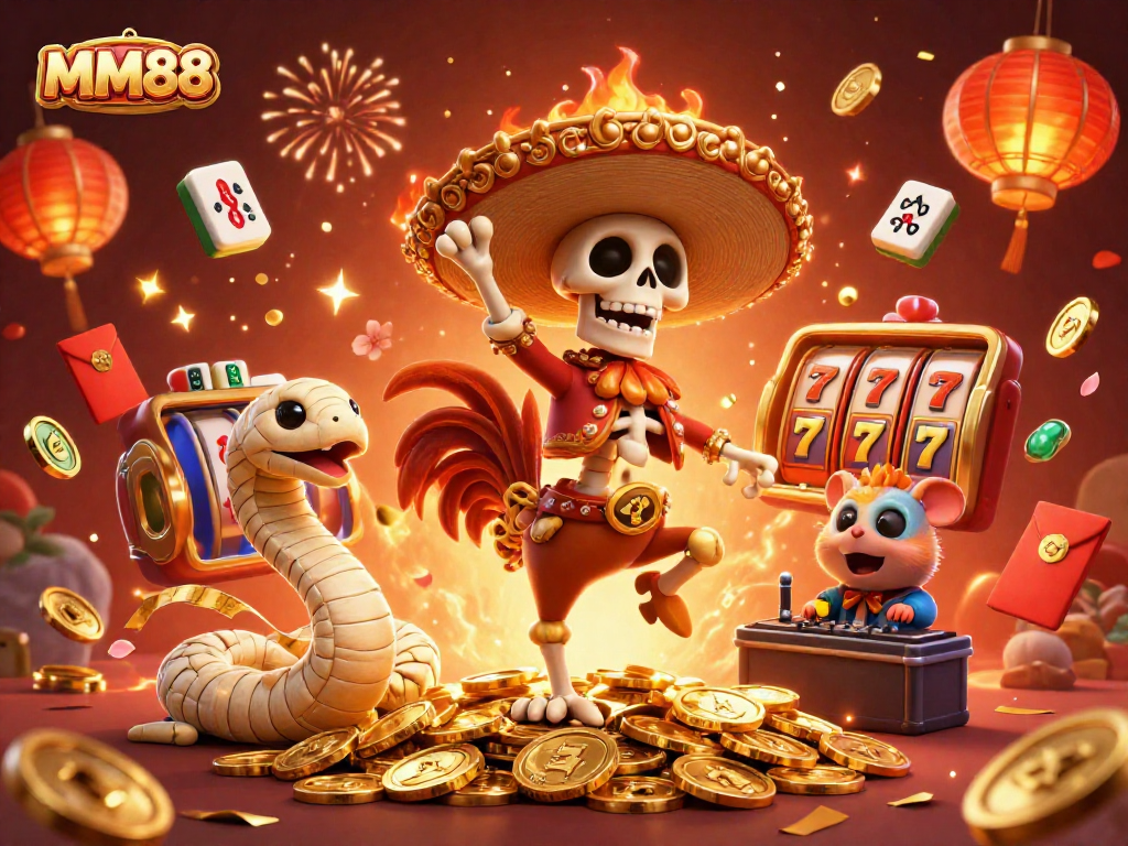 Experience thrilling wins at MM88 with vibrant 3D casino celebration featuring characters and jackpot elements.