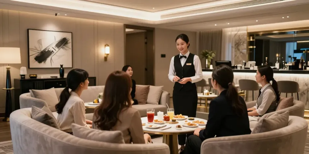 강남타이밍 쩜오의 고급스러운 내부와 매력적인 호스트가 손님을 맞이하는 모습