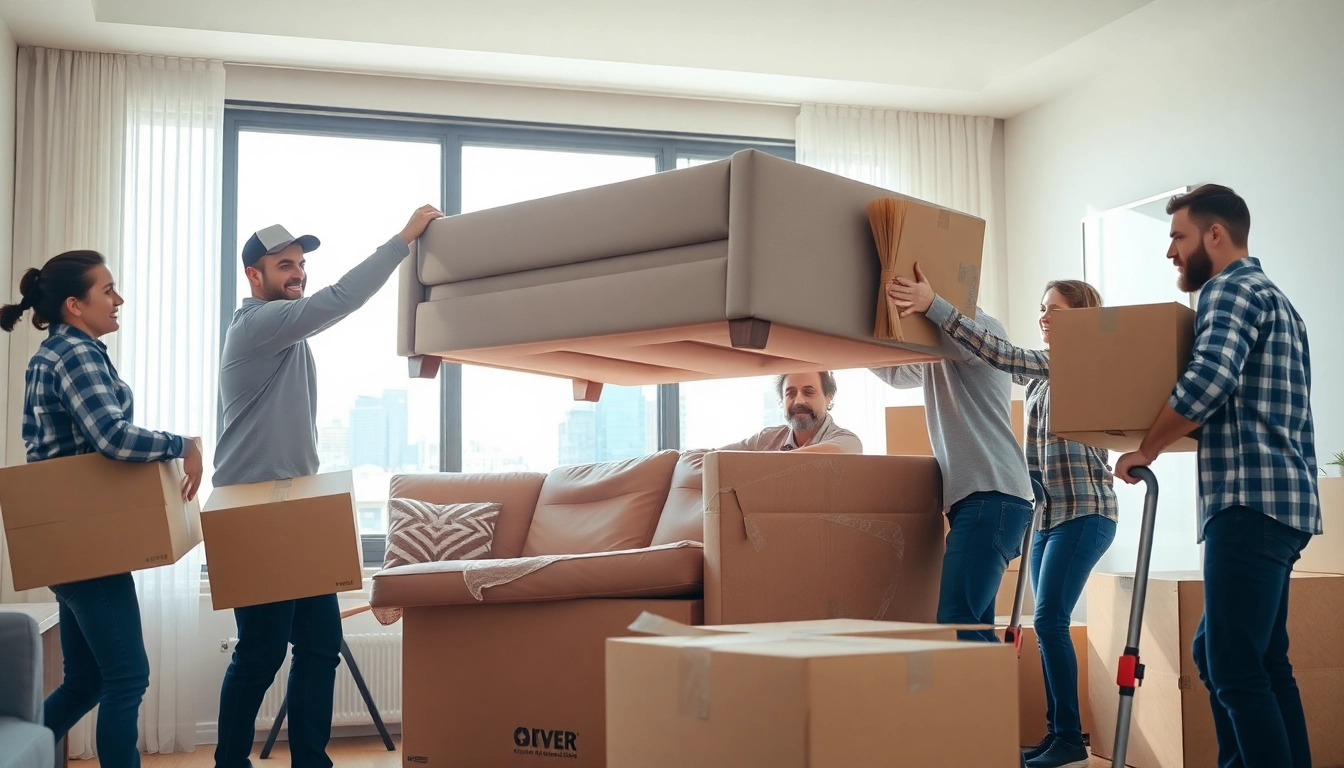 Calgary movers efficiently handling furniture and boxes in a sunny apartment.
