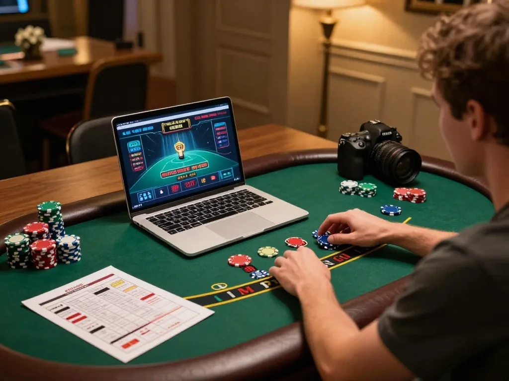 Enjoying fun88 blackjack gameplay while strategizing with printed notes and poker chips.