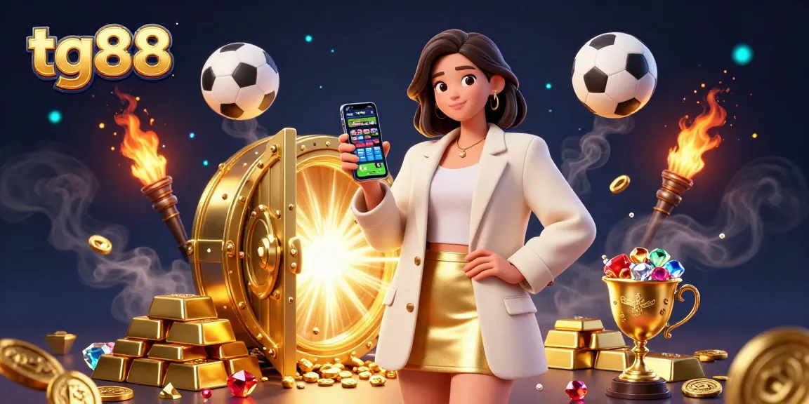Engage with tg88's platform showcasing a vibrant sports betting scene filled with winning treasures and modern gameplay.