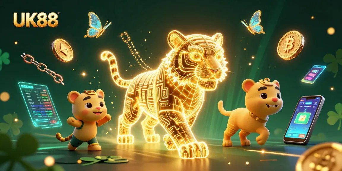 Experience big wins with UK88 in a dynamic 3D casino scene, where golden tigers roam.