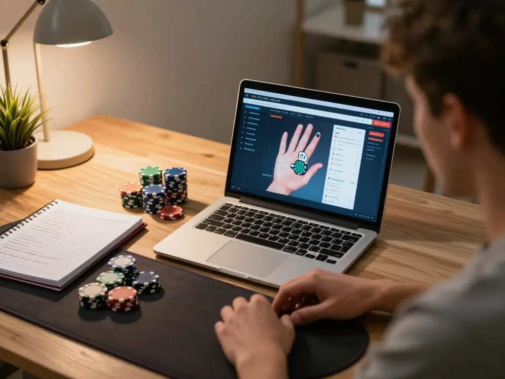 Engaging online poker gameplay on a laptop featuring nk88, with strategic notes and chips in view.