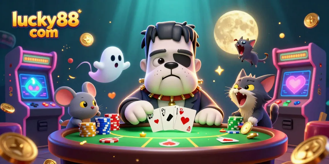 Join the action at lucky88 com with a Frankenstein bulldog dealing cards in a vibrant casino scene.