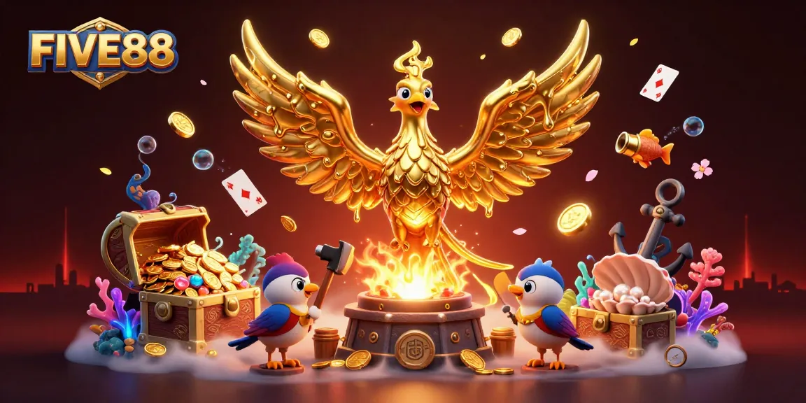 Experience the excitement of gambling at FIVE88 with a molten phoenix and treasure-filled underwater scene.