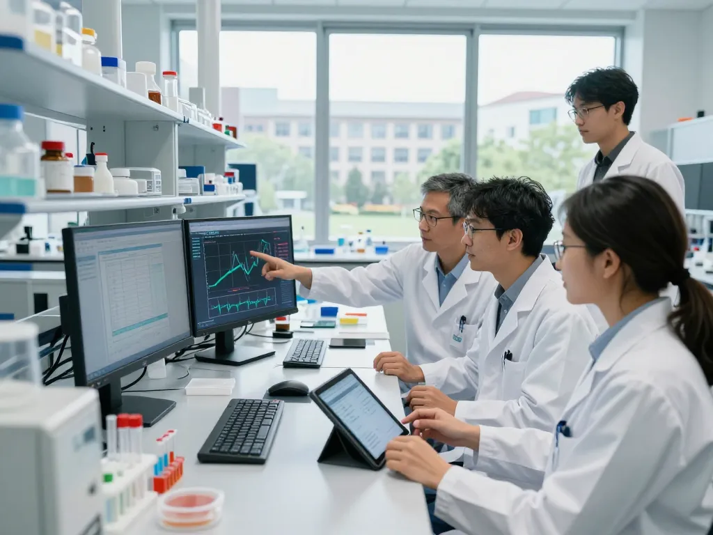 Research team discussing MB66 advancements in modern lab setting.
