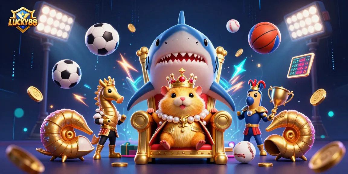 LUCKY88 showcases a fierce hamster king on a megalodon throne amidst dynamic sports-themed elements.