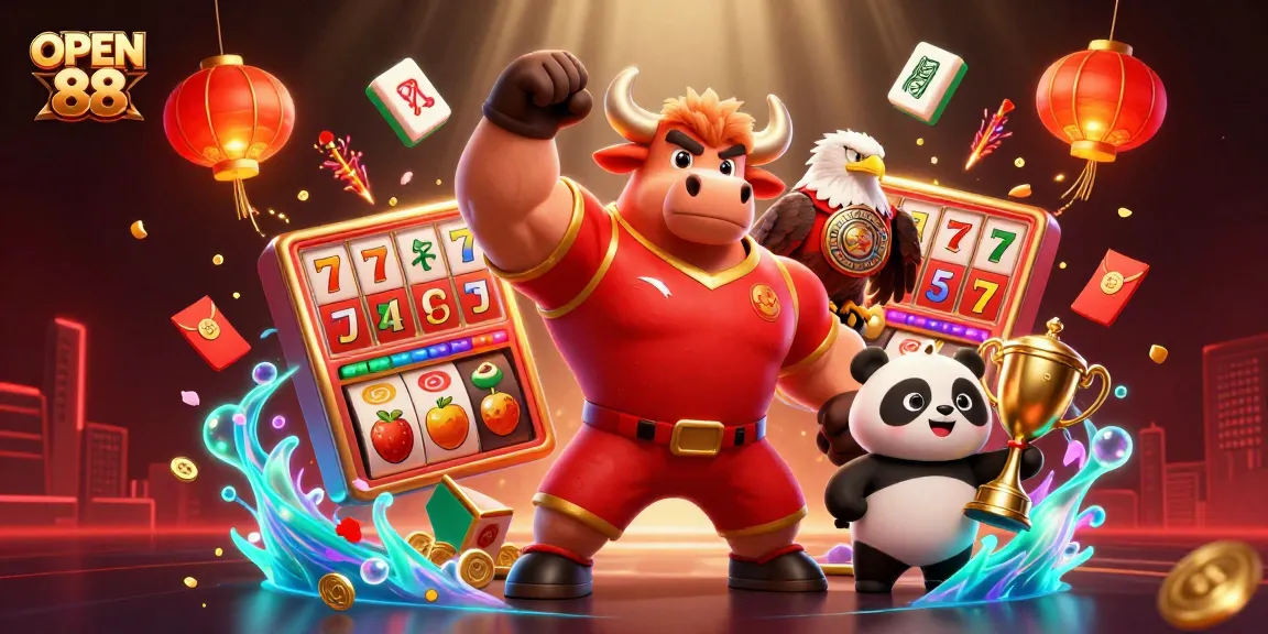 Experience the excitement of OPEN 88 with vivid casino elements and lively characters celebrating a jackpot victory.